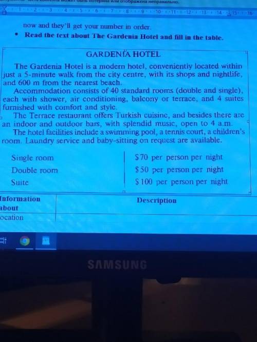 ⦁ Read the text about The Gardenia Hotel and fill in the table. Information about Description locati