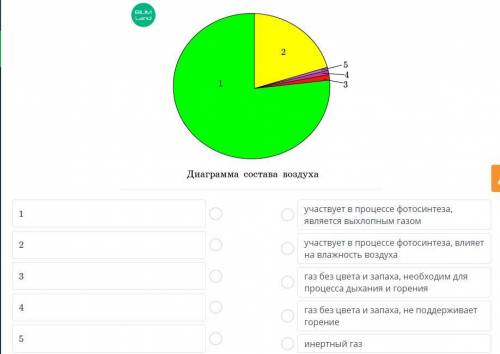 Соотнеси описание газов, входящих в состав воздуха с номером на диаграмме.