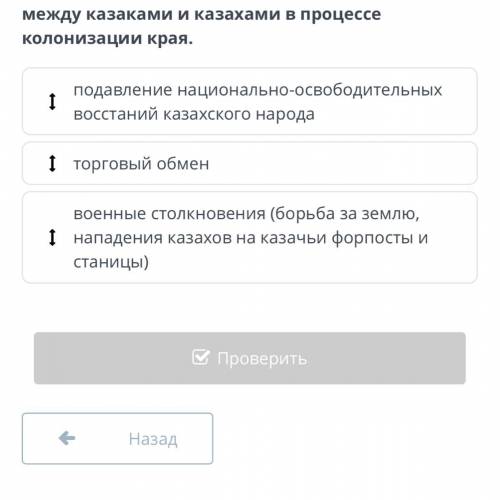 Расставь элементы по развитию отношений между казаками и казахами в процессе колонизации края.