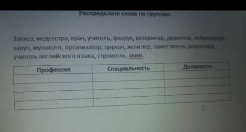 Распределите слова по группам: Завхоз, медсестра, врач, учитель, физрук, ветеринар, директор, нейрох