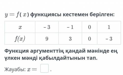 Функция y = f (x) приведена в таблице: Найдите, в каком значении аргумента функция принимает наиболь