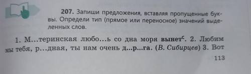 207. Запиши предложения, вставляя пропущенные буквы. Определи тип (прямое или переносное) значений в