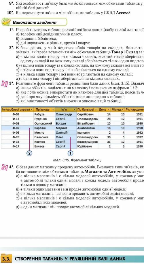 Розгляньте фрагмент таблиці реляційної бази даних (мал . 3 .15) . Визначте: a) назви об’єктів, виділ