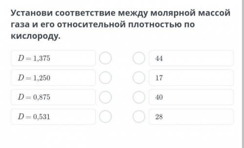 Установи соответствие между молярной массой газа и его относительной плотностью по кислороду.