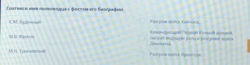 Соотнеси имя полководца с фактом его биографии. С.М. БуденныйРазгром войск Колчака.М.В. ФрунзеКоманд