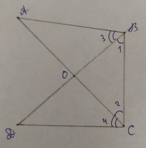 Дано: угол 1=угол 2, угол 3=угол 4.Доказать: а)∆АВС=∆ДСВ, б)∆АВО=∆ДСО​