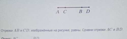 АС iB DОтрезки AB и CD, изображённые на рисунке, равны. Сравни отрезки AC и BD пд​