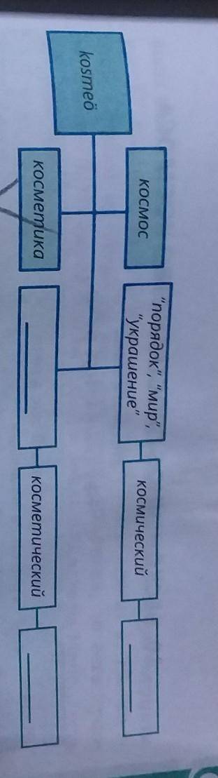 158Д. Заполните схему. Расскажите по ней о связи слов космос и косметика по происхождению.​