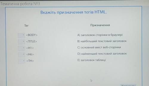 Вкажіть призначення тегів HTML, TerПризначення<BODY>А) заголовок сторінки в браузері<TITLE&