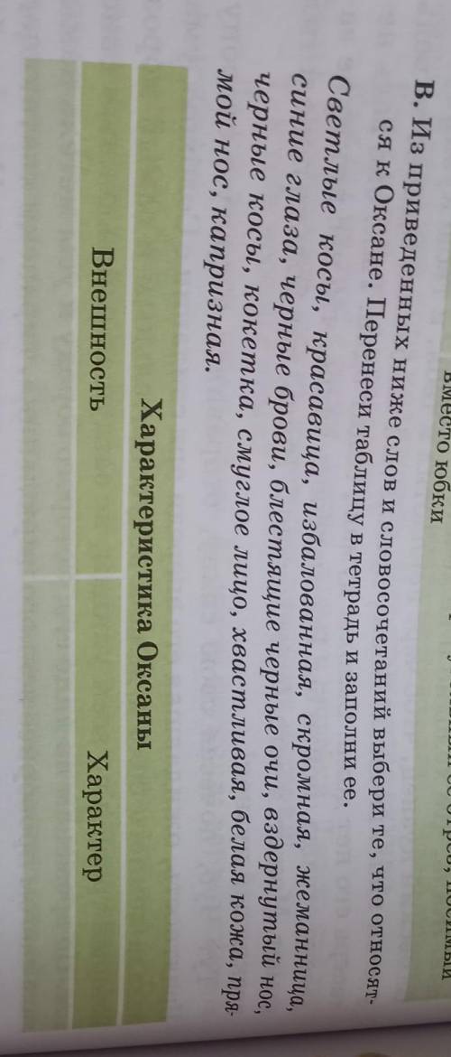 В. Из приведенных ниже слов и словосочетаний выбери те, что относят- ся к Оксане. Перенеси таблицу в