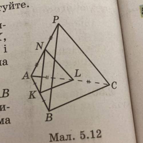 Відь 5.14. Точка Рне лежить у площині три- кутника ABC (мал. 5.12). Точки K, L, N — середини відрізк