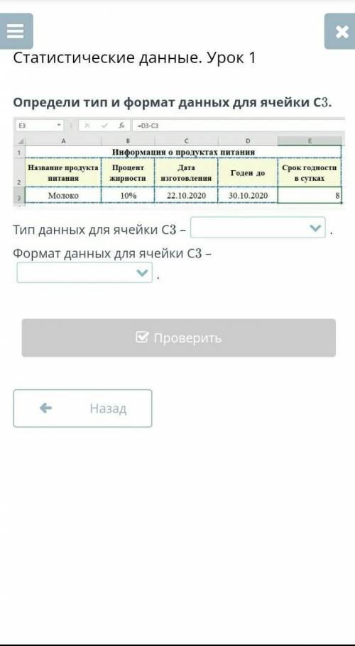 Определи тип и формат данных для ячейки СЗ. ЕЗ Информация о продуктах питания 1 Названне продукта Пр