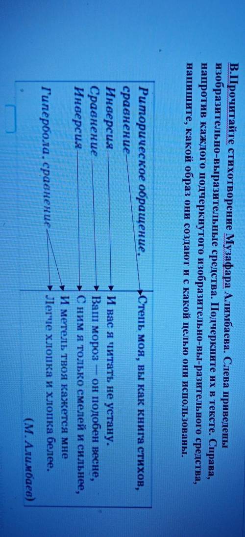 В.Прочитайте стихотворение Музафара Алимбаева. Слева приведены изобразительно-выразительные средства