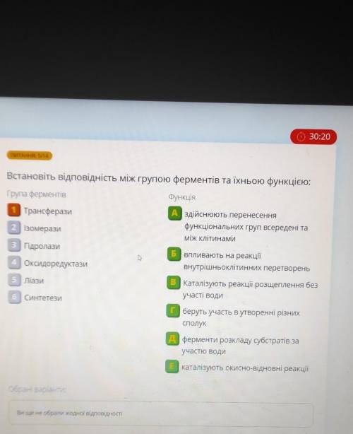 Встановіть відповідність між групою ферментів та їхньою функцією​