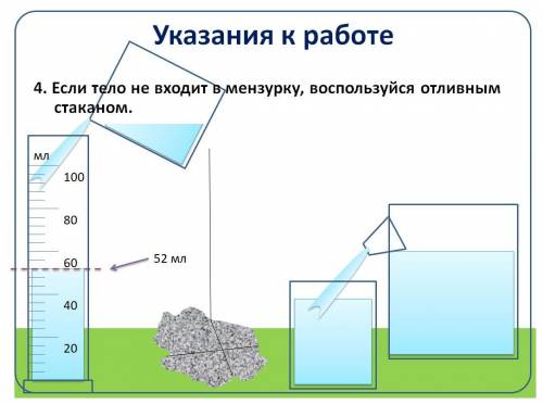 Определите цену деления мензурки и налейте в мензурку столько воды, чтобы тело можно было полностью