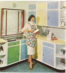 Describe the photo. Use these words: era, retro, décor, vintage, modern, appliances, a colourful apr