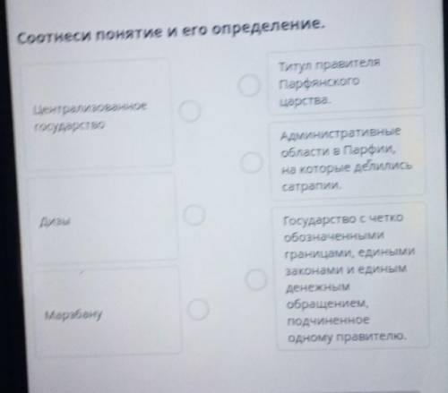 Соотнеси понятие и его определение Центральное государство Дифы Марзбану Титул правителя Парфянского