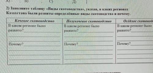 Заполните таблицу <<Виды скотововдство>>, указав в каких регионах Казахстана были развит