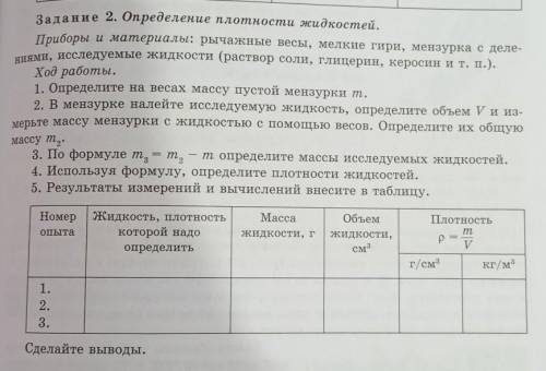 Задание 2. Определение плотности жидкостей. Приборы и материалы: рычажные весы, мелкие гири, мензурк