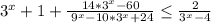 3^{x} +1+\frac{14*3^{x}-60 }{\frac\frac{9^{x}-10*3^{x}+24}} \leq \frac{2}{3^{x}-4}