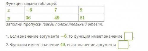 1. Если значение аргумента −6, то функция имеет значение . 2. Функция имеет значение 49, если значен
