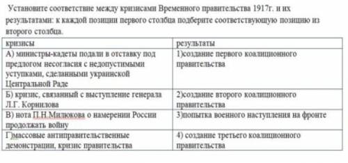 Установите соответствие между кризисами Временного правительства 1917г. и их результатами: к каждой