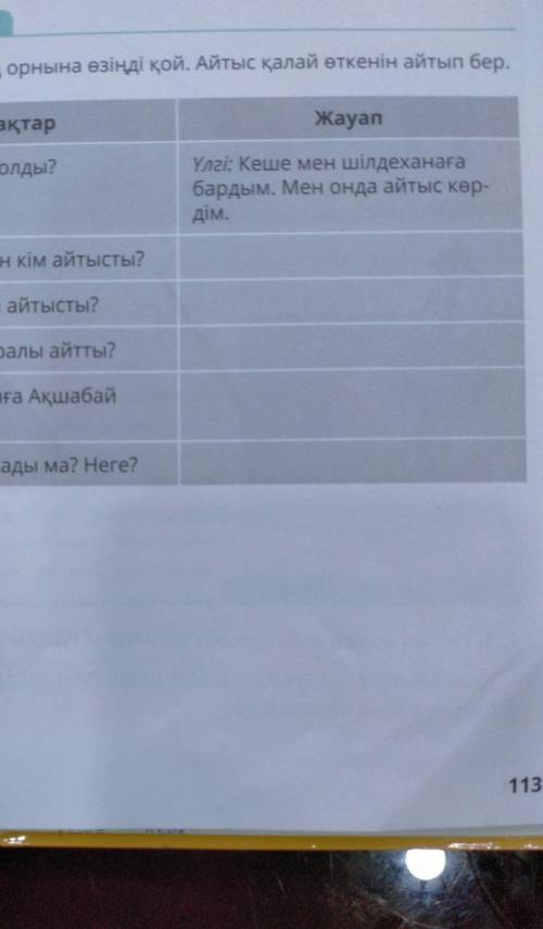 7. Сұлтанның орнына өзіңді қой. Айтыс қалай өткенін айтып бер. СұрақтарЖауапАйтыс қашан болды?Үлгі: