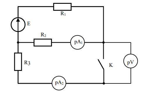 Определить показания амперметров и значение ЭДС Е при разомкнутом ключе, если R1 = 2 Ом, R2 = 10 Ом,