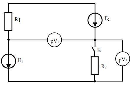 Определить показания вольтметров при разомкнутом ключе, если R1 = 15 Ом, R2 = 25 Ом, Е1 = 120 В, Е2