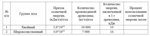 Определить процент использования солнечной энергии лесом.