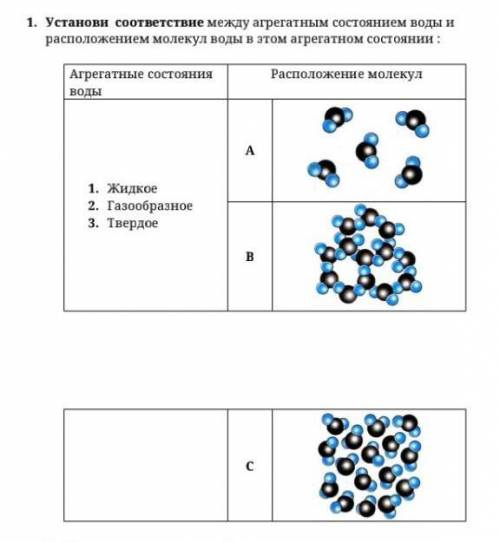 установи соответствие между агрегатным состоянием воды и расположением молекул воды в этом агрегатно