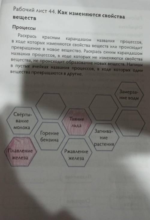 Раскрась красным карандашом названия процессов, в ходе которых изменится свойства веществ или происх