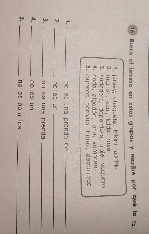 16 Busca el intruso en estos grupos y escribe por qué lo es. 1. jersey, chaqueta, bikini, abrigo2. m