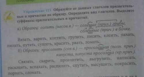 Упражнение 111. Образуйте от данных глаголов прилагательные и причастия по образцу. Определите вид г