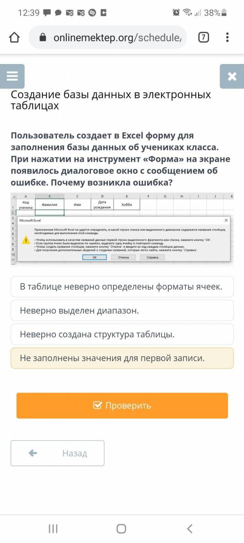 Пользователь создает в Excel форму для заполнения базы данных об учениках класса. При нажатии на инс