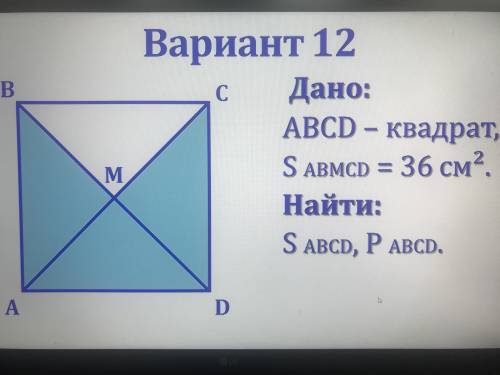 ДаноABCD-квадратSabmcd=36см2Найти:Sabcd и Pabcd