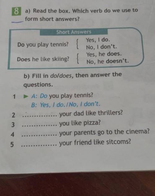 8 a) Read the box. Which verb do we use to form short answers?Short AnswersDo you play tennis?Yes, I