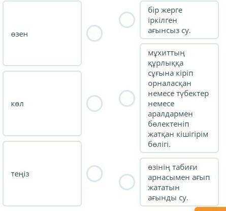 Сәйкестендір. өзенкөлтеңізбір жерге іркілген ағынсыз су.мұхиттың құрлыққа сұғына кіріп орналасқан не