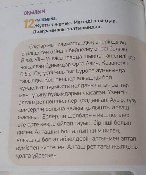 12-тапсырма Жұптық жұмыс. Мәтінді оқыңдар.Диаграмманы толтырыңдар.