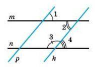 Знайдіть ∠2 та ∠3, якщо m∥n; p∥k; ∠1=42°.а∠2=46°; ∠3=134°б∠2=138°; ∠3=42°в∠2=52°; ∠3=128°г∠2=42°; ∠3