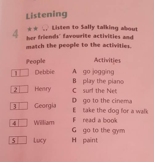 Elle ..4Listening** Listen to Sally talking abouther friends' favourite activities andmatch the peop