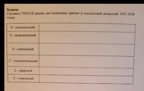 Составьте PESTLE-анализ для выявление причин и последствий репрессий 1937-1938 годов мне нужны