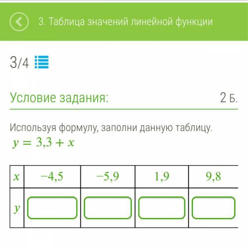 ￼￼используя формулу, заполни ￼￼￼￼￼￼￼￼￼￼￼￼данную таблицу у= 3,3+х x -4,5 -5,9 1,9 9,8 15 y