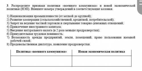 разделите признаки политики военного коммунизма и новой экономической политики (НЭП).Впишите номера