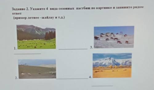 Задание 2. Укажите 4 вида сезонных пастбищ по картинке и запишите рядом OTRET(пример летнее –жайлау