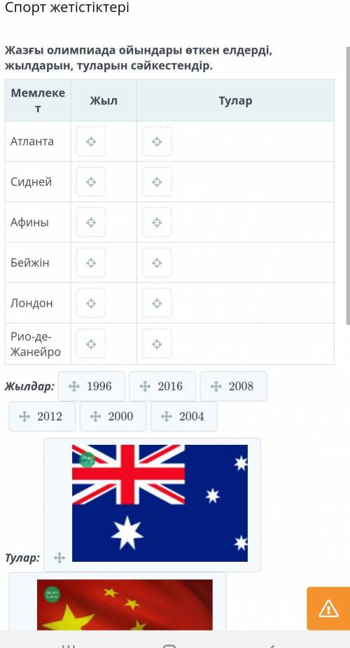 Жазғы олимпиада ойындары өткен елдерді, жылдарын, туларын сәйкестендір. МемлекетЖылТуларАтлантаСидне