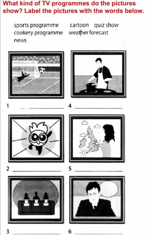 What kind of TV programmes do the pictures show? Label the pictures with the words below. sports pro