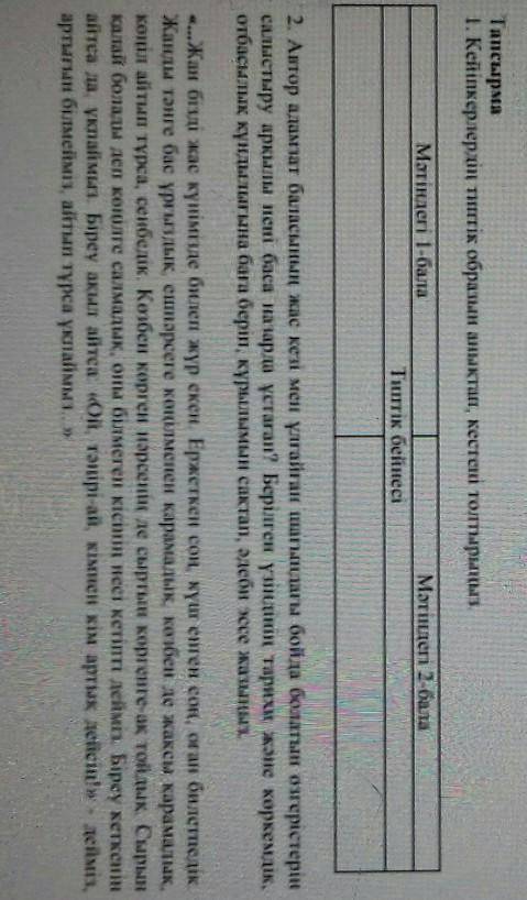 1. Кейіпкерлердің типтік образын аныктап, кестені толтырыңыз. Мəтіндегі 1-бала . Мəтіндегі 2-бала..