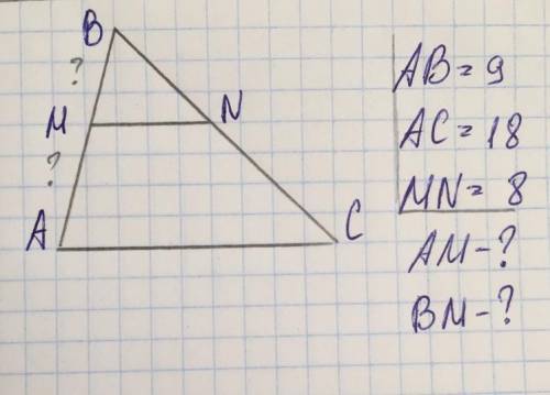 В треугольнике ABC: AB=9 AC=18 MN=8 AM-? BM-?