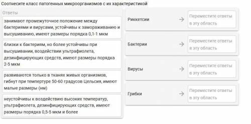 Соотнесите класс патогенных микроорганизмов с их характеристикой(Подробности внутри)